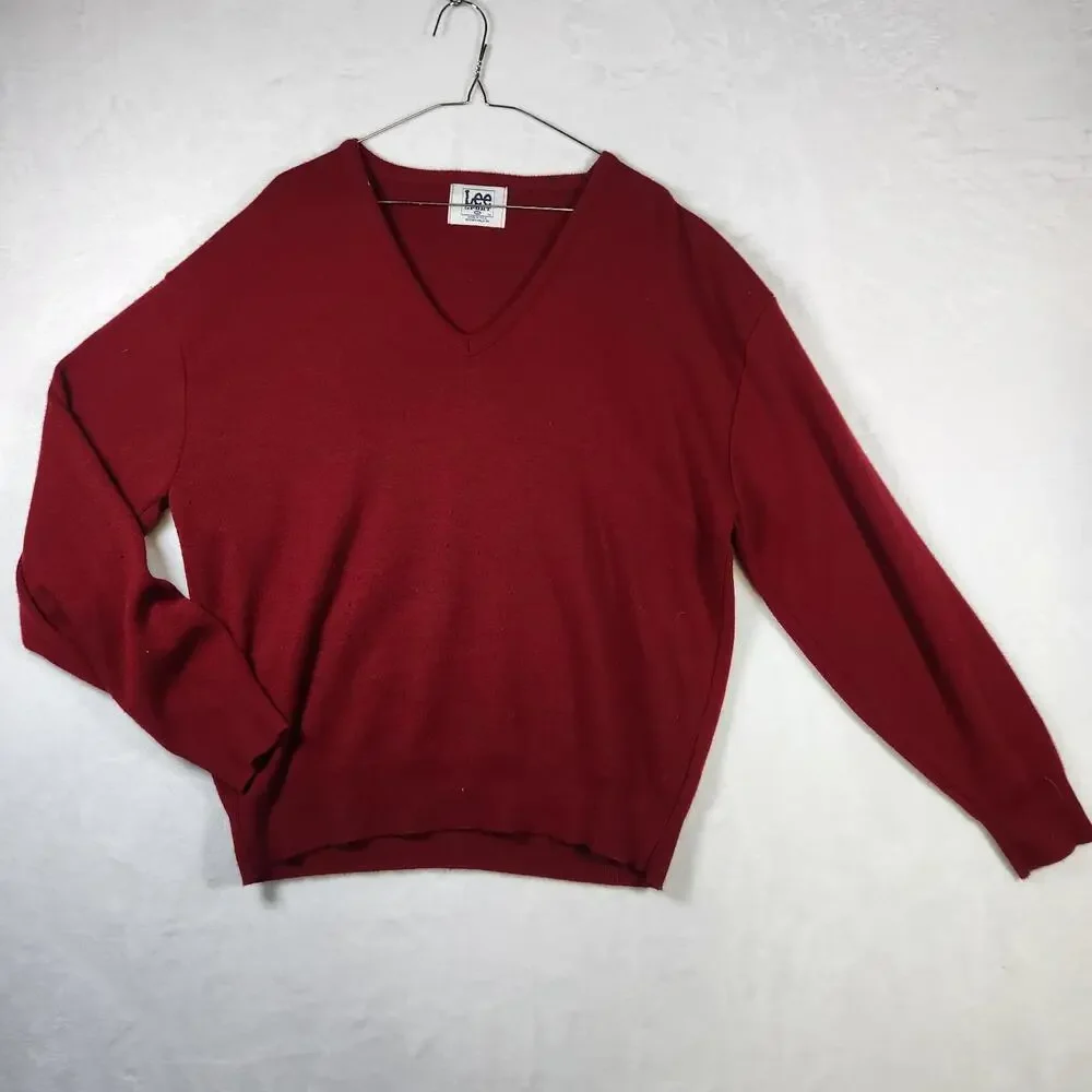 Lee‎ Sport Red V Neck Sweater Mens XL USA Made Lightweight Knit Pullover